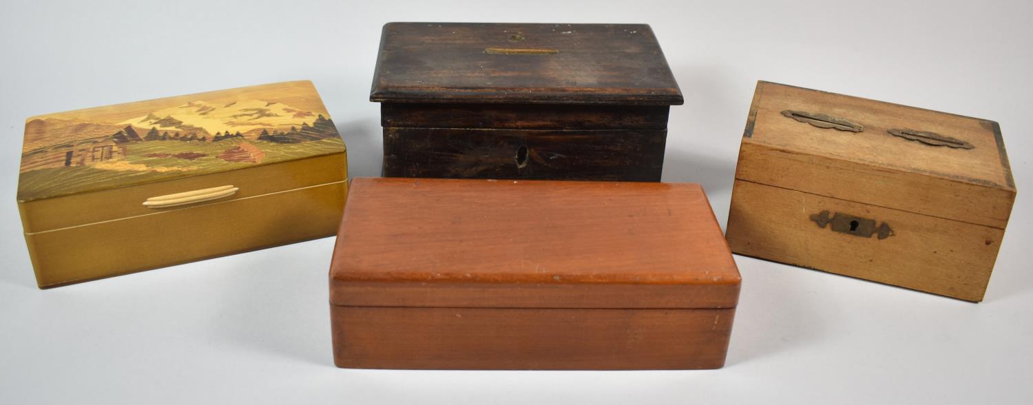 A Collection of Four Wooden Boxes to Include Two Money Boxes, Inlaid Continental Cigarette Box and a