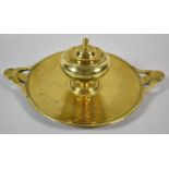 A Brass Circular Lidded Inkwell on Two Handled Tray, Missing Glass Liner, 20cm Diameter