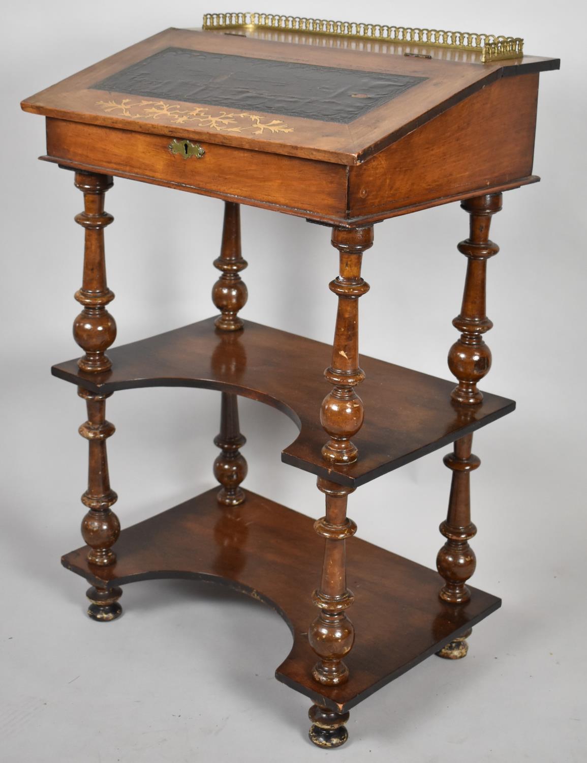 A Late 19th Century Lift Top Ladies Writing Desk with Inlaid and Tooled Leather Hinged Lid, Raised