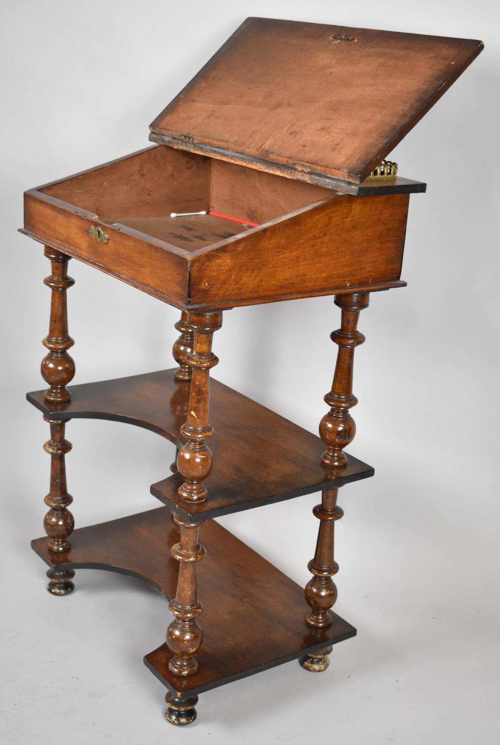 A Late 19th Century Lift Top Ladies Writing Desk with Inlaid and Tooled Leather Hinged Lid, Raised - Image 2 of 2
