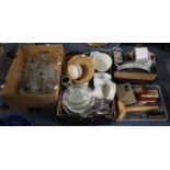 Three Boxes of Kitchen China and Glassware, Kitchen Tools and Cutlery