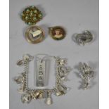 A Collection of Various Costume Jewellery to Include Marcasite Brooches, Silver Charm Bracelets