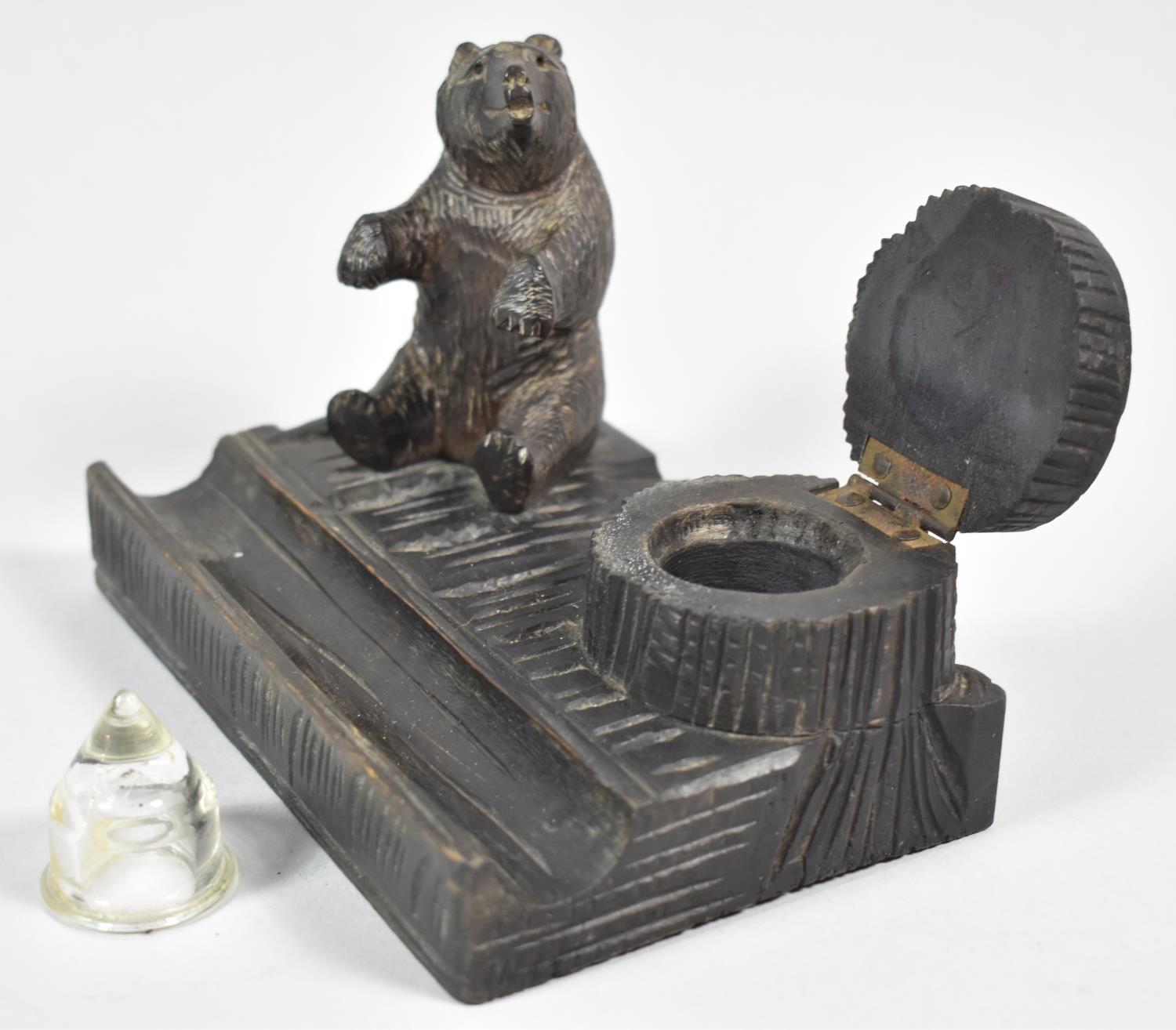 A Carved Black Forest Novelty Inkstand in the Form of Seated Bear Beside Tree Stump, with Original - Image 3 of 3