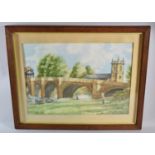 A Framed Watercolour Depicting River Bridge and Church, 44cm wide