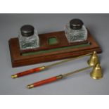 A Mid 20th Century Desk Top Inkstand/Penrest with Two Glass Ink Bottle Together with Two Brass