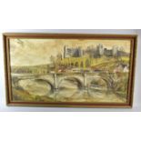 A Framed Oil on Board Depicting River Bridge and Castle, 75cm wide