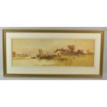 A Framed Watercolour Depicting River Scene with Barges and Cottage, 60cm wide