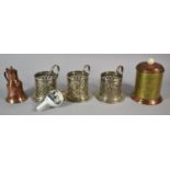 Three Silver Plated Cup Holders, Copper Jug and Tea Caddy Together with Continental Ceramic Pipe