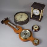 A Modern Mahogany Wheel Barometer, Edwardian Aneroid Barometer, Mantle Clock and Battery Wall Clock