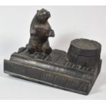 A Carved Black Forest Novelty Inkstand in the Form of Seated Bear Beside Tree Stump, with Original