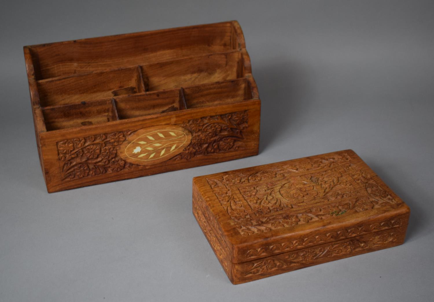 Two Far Eastern Carved Wooden Items to Include Work Box and Stationery Rack, 37cm wide