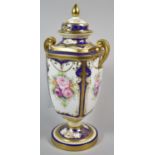 A Nice Quality Noritake Two Handled Vase and Cover Decorated with Hand Painted Roses, Cobalt Blue