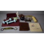 A Tray of Sundries to Include Dumbbell Weights, Cased Drawing Set, Bowling Jack, Spring Balance,