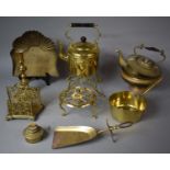 A Collection of 19th Century and Later Brass to Include Kettle on Stand, Saucepan, Candlestick,