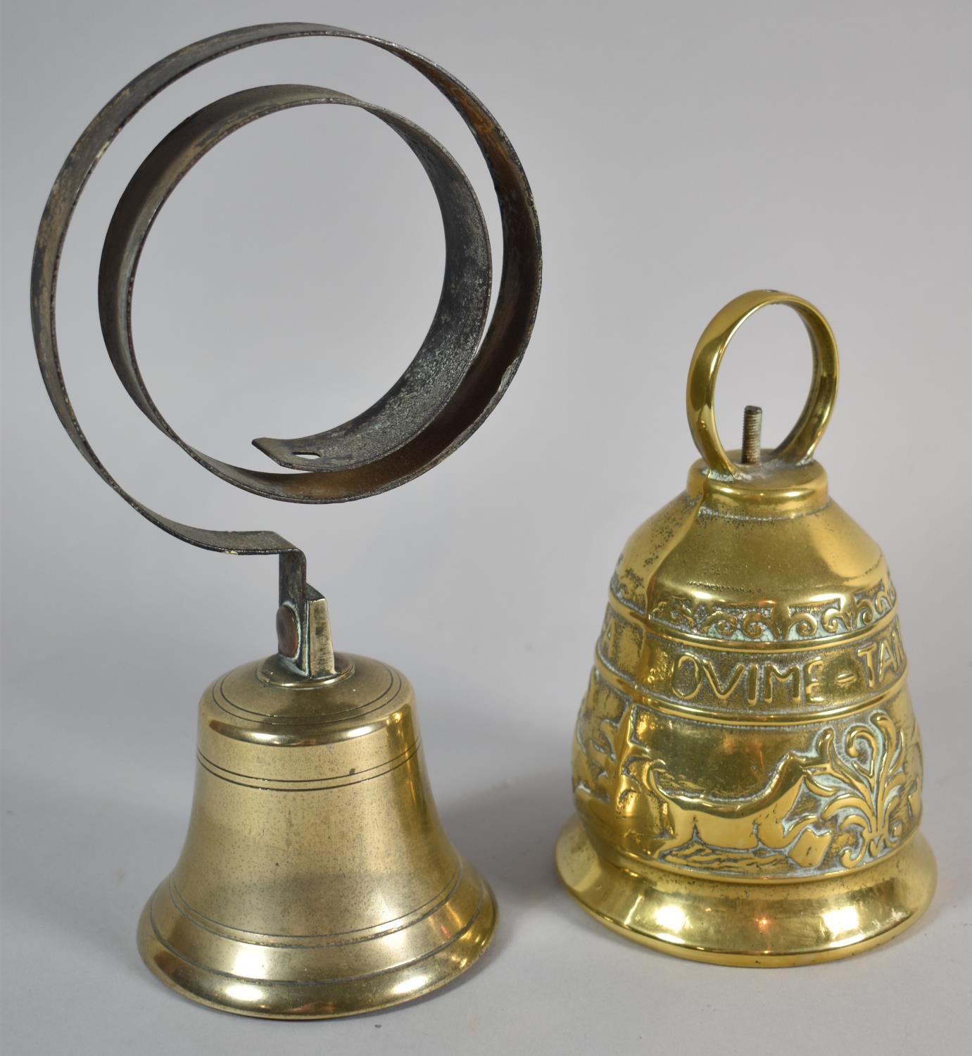 A Late 19th/Early 20th Century Servant's Bell and a Brass Bell Inscribed Ovime Tangit, Vosem Meama