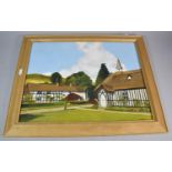 A Framed Oil on Board Depicting Half Timbered House and Church Signed Winstanley, 45cm wide
