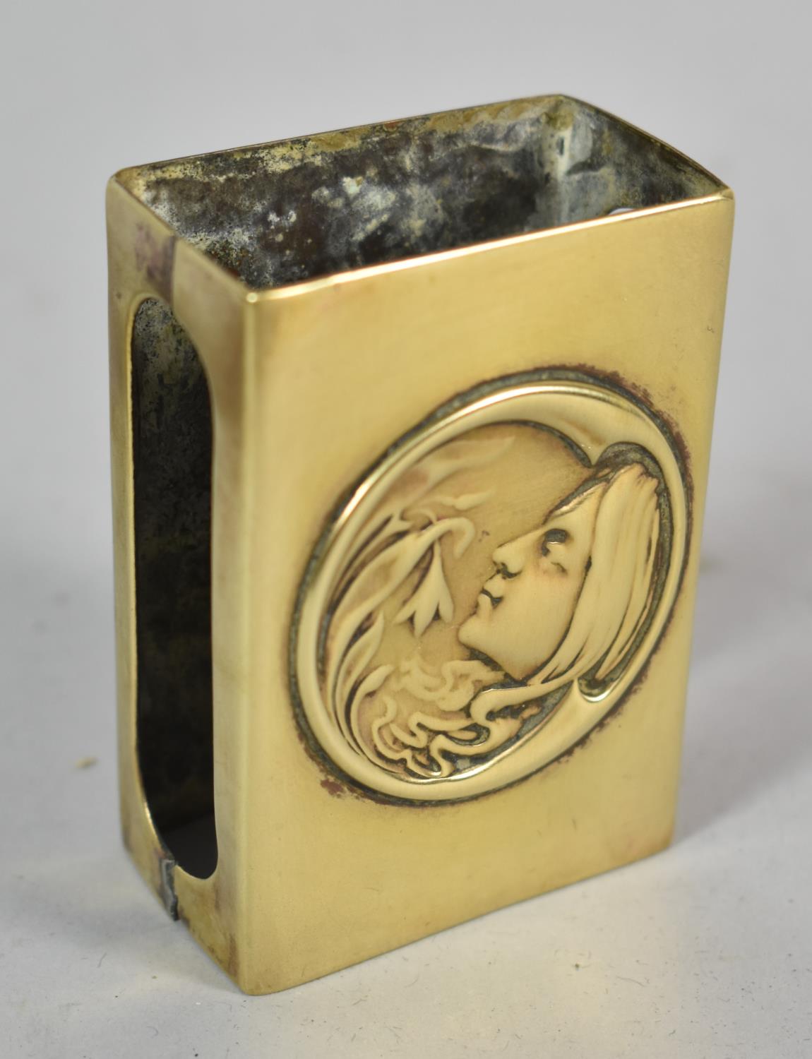 A Brass Match Box Holder with Circular Tray Base Together with an Art Nouveau Brass Match Box Holder - Image 2 of 2