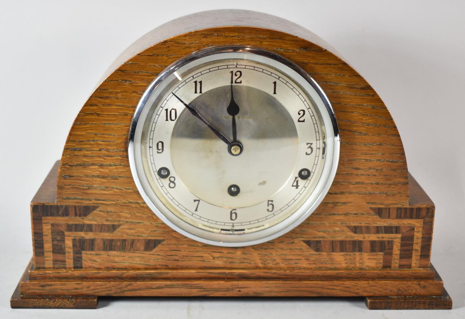 An Oak Art Deco Westminster Chime Mantle Clock with Banded Inlay, 35cm wide