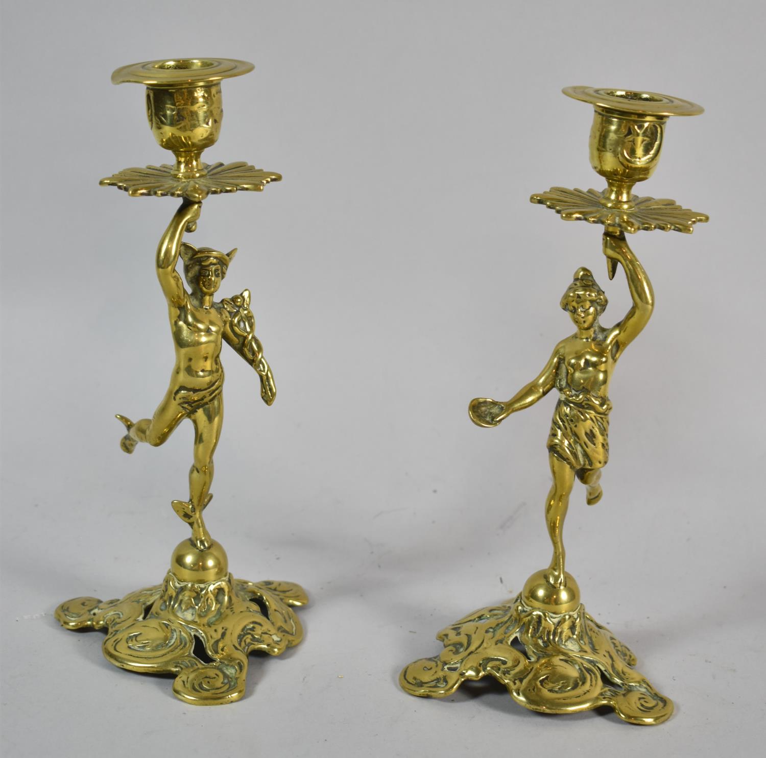 A Pair of French Brass Figural Candlesticks, One in the Form of Hermes and the Other in the Form