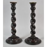 A Pair of Edwardian Oak Barley Twist Candlesticks on Circular Bases, 32cm high