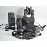 A Box Containing Fuji 35mm Camera, Telescopic Lenses and Cased Pair of Binoculars