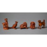 A Collection of Five Japanese Miniature Carved and Signed Wooden Netsukes to Include Dog,
