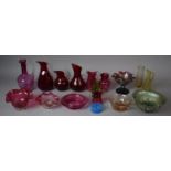 A Collection of Glassware to Include Cranberry Glass Jugs, Bowls, Ruby Glass Jugs, Carnival Glass