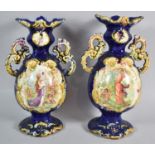 A Pair of Continental Cobalt Blue Glazed Two Handled Vases with Transfer Printed Cartouches, 27cm