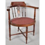 An Edwardian Inlaid Mahogany Corner Chair with Oval Seat, Turned Cross Stretchers, Spindled Back and
