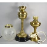 Two Brass Oil Lamps Converted to Electricity and an Unrelated Etched Glass Globe