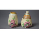 A Two Piece Clarice Cliff Cruet Comprising Lidded Mustard and Pepper Pot, Newport Pottery