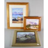 Two Framed Watercolours and One Oil on Board Depicting Mountains