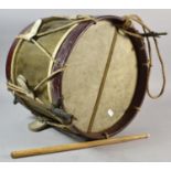 A Military Style Drum with One Drumstick, 35cm Diameter and 31cm high