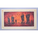 A Framed Mid 20th Century Oil on Canvas Depicting Fishing Boats at Sunset, Signed Sarro, 78cm wide