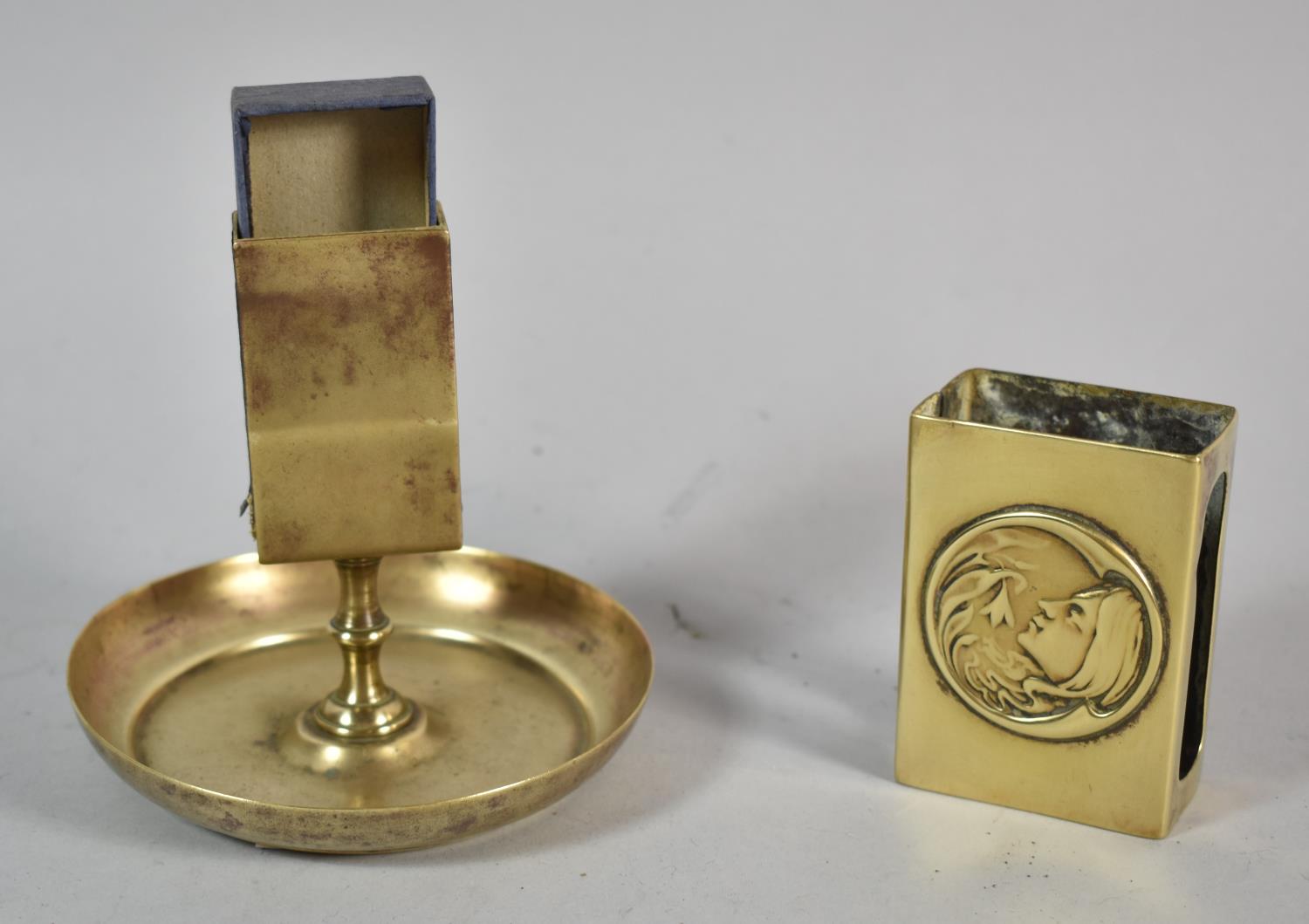 A Brass Match Box Holder with Circular Tray Base Together with an Art Nouveau Brass Match Box Holder