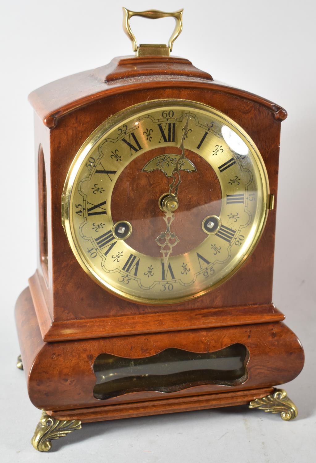 A Modern Burr Walnut Cased Ormolu Mounted Mantle Clock by WBA with Key and Working, 26cm high