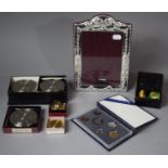 A Collection of Various Metal Dressing Table Pots, Silver Plated Photo Frame, Coin Collection,