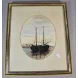 A Framed Pen, Ink and Watercolour Oval Depicting Two Fishing Boats at Anchor, 25cm high