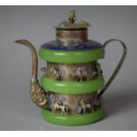 A White Metal, Jade and Cloisonne Teapot with Applied White Metal Zodiac Animals, 13cm high