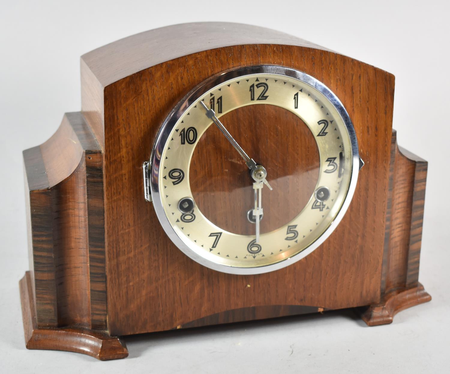 An Art Deco Oak and Banded Inlay Westminster Chime Mantle Clock, 32cm, wide