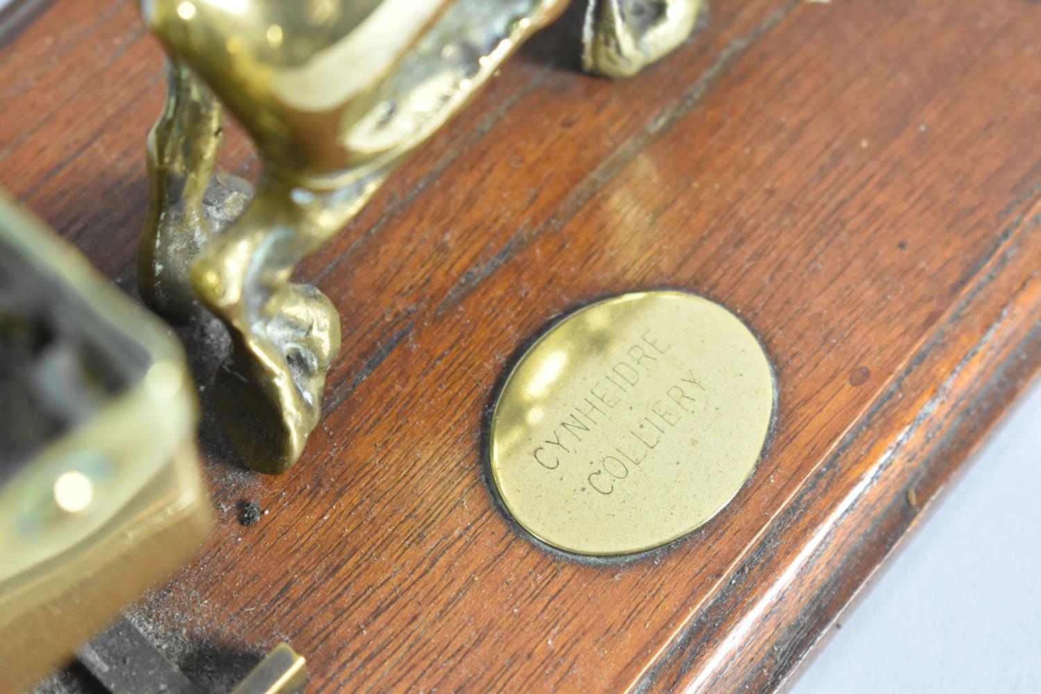 A Welsh Brass Study of Minor, Pit Pony and Coal Truck with Disk Inscribed Cynheidre Colliery, Oak - Image 2 of 2