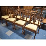 A Set of Six Reproduction Chippendale Style Dining Chairs with Carved Pierced Back Splats,