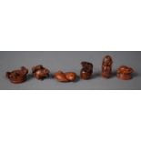 A Collection of Six Japanese Miniature Carved and Signed Wooden Netsukes to Include Frog, Fish,
