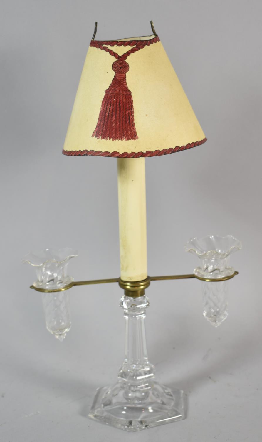 A Baccarat Glass Candle Lamp on Hexagonal Support with Twin Glass Posy Holders having American