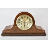 An Edwardian Inlaid Mahogany Napoleon Hat Mantle Clock with German Movement, 46cm Wide