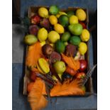 A Box Containing Large Quantity of Artificial Fruit and Feathers