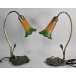 A Pair of Bronze Effect Table Lamps, The Supports in the Form of Lilies with Coloured Glass