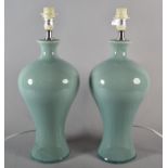 A Pair of Modern Chinese Style Crackle Glazed Celadon Table Lamps with New Shades, Each Lamp 40cm