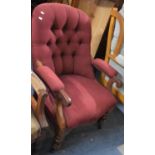 A Mid 19th Century Buttoned Backed Mahogany Framed Open Armchair with Scrolled Terminals