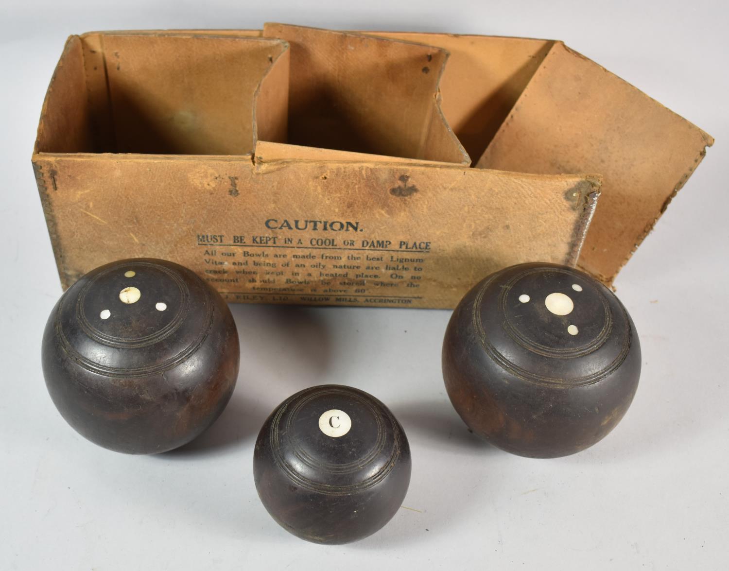 A Set of Vintage Turned Wooden Lawn Bowls with Jack, Monogrammed C